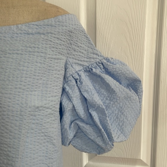 H&M blouse off the shoulder puff sleeves top textured cotton blue womens size 12 - Picture 3 of 9